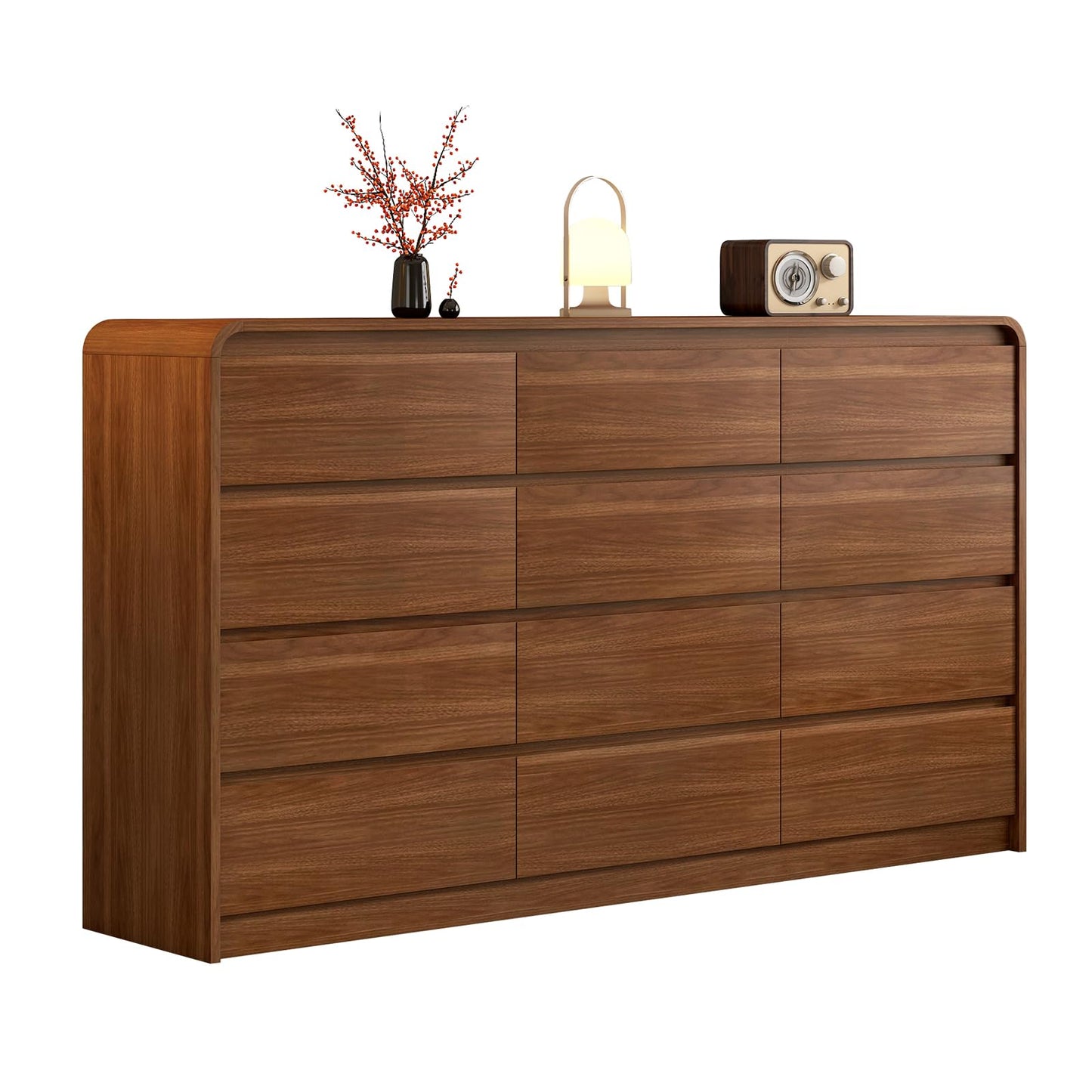 Messenya Modern 12-Drawer Dresser 63-Inch Wide, Curved Anti-Collision Design, Mid-Century Storage Cabinet with Pre-Embedded Slots, Sturdy Reusable, Ideal for Bedroom/Living Room/TV (Brown, 12-63)