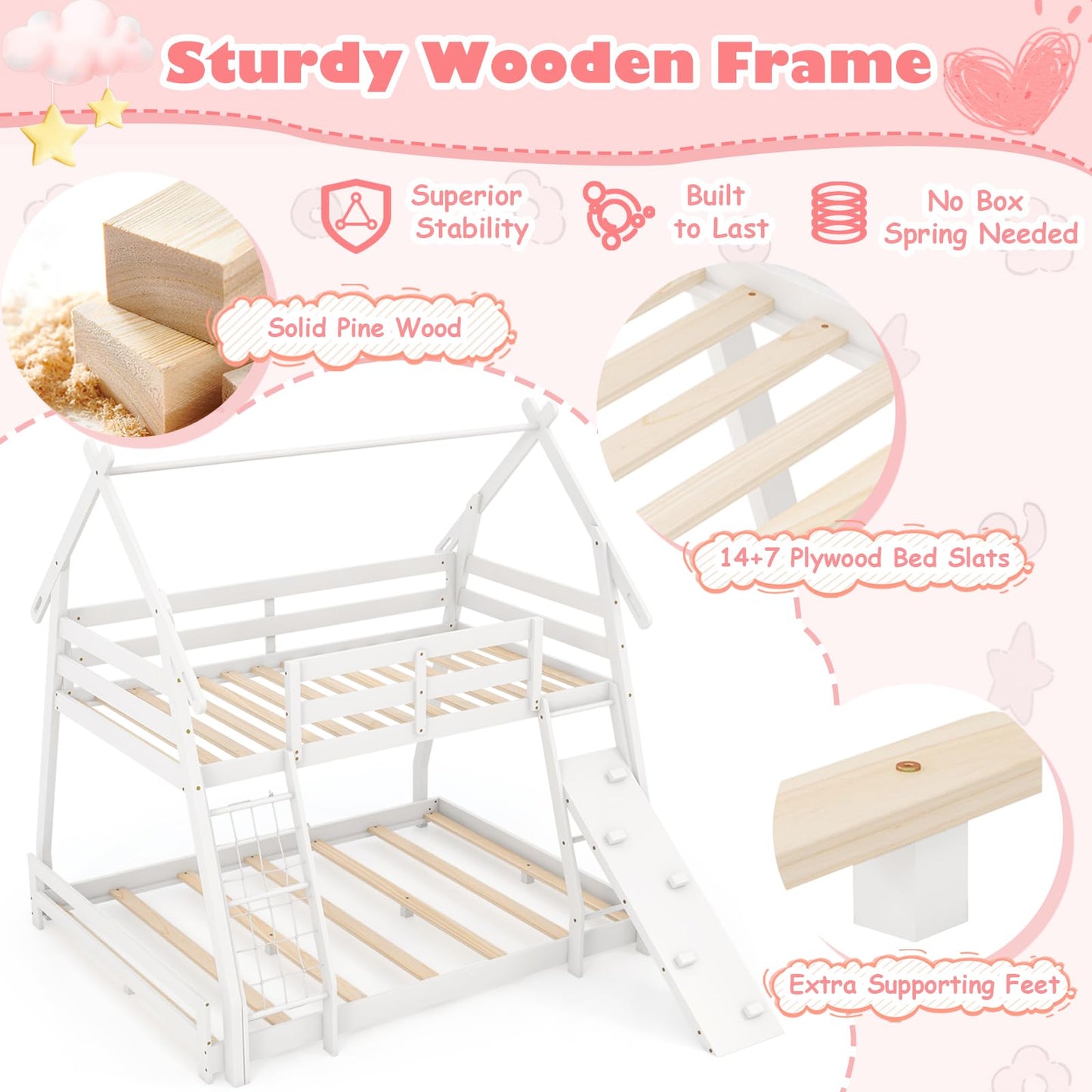 KOMFOTT Wood Twin Over Queen House Bunk Bed, Playhouse Floor Low Bunk Bed with Climbing Nets & Ramp, Space Saving Solid Wood Bunk Bed Frame with Safety Guardrails, Not Box Spring Required (White)
