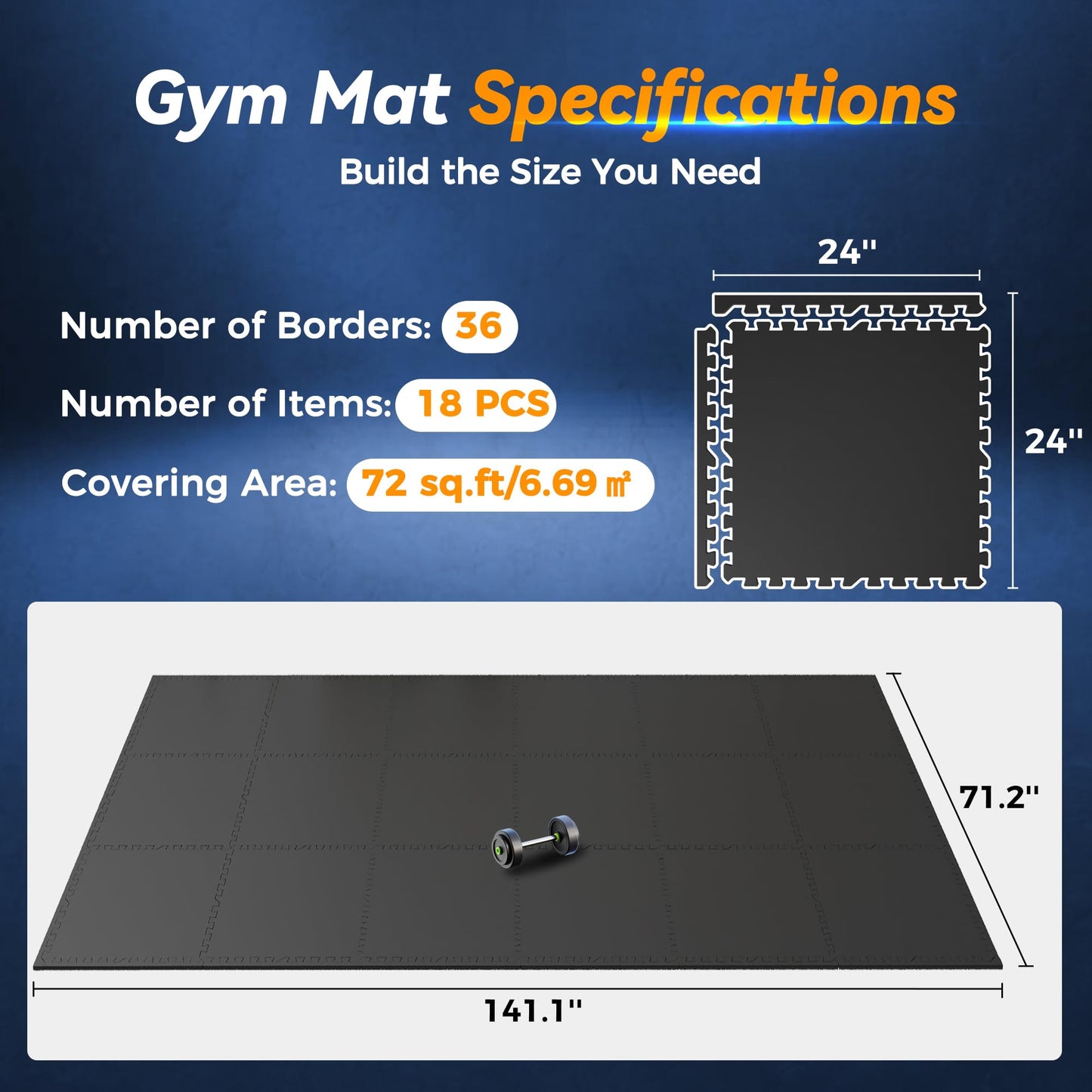 SUPERJARE 1" Extra-Thick Rubber Top Exercise Mat, Puzzle Gym Flooring for Home Gym, Gym Mat for Workout Equipment, Interlocking Floor Tiles with EVA Foam, 18 Pcs 72 Sq Ft, Black