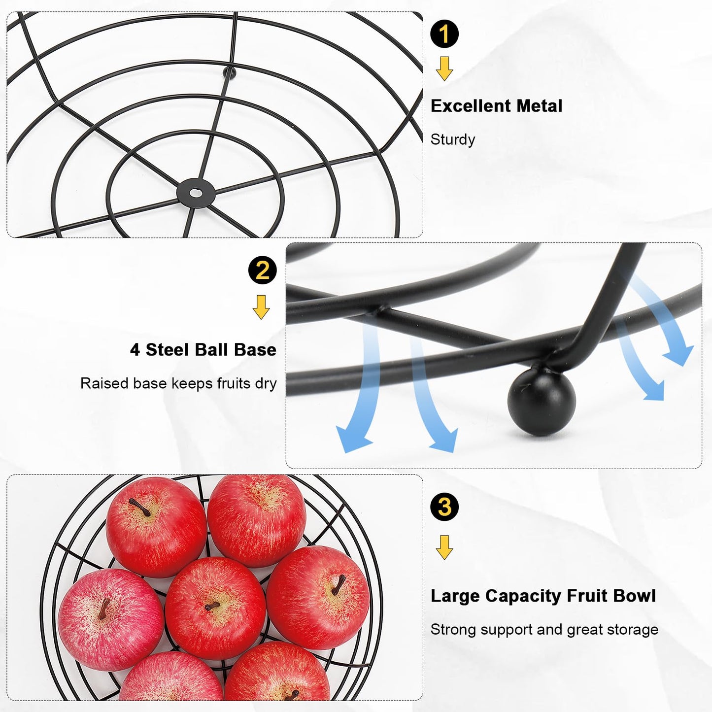 Livabber Wire Fruit Bowl, Metal Fruit Basket For Kitchen Counter, Large Capacity Storage Holder Tabletop Organizer For Vegetables Breads Snacks (Black, 3 Pack)