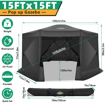 COBIZI 15'x15' Pop Up Gazebo Screen Tent Screen House for Camping, Screen Room with Mosquito Netting, Hub Tent Instant Screened Canopy with Carrying Bag and Ground Stakes, Black