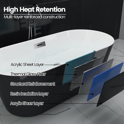 67'' Acrylic Freestanding Bathtub, Soaking Tub, Stand Alone Bathtub with Chrome Drain and Overflow, Modern Deep Upright Bath Tub for Bathroom, Easy Clean, Elegant Style, Black