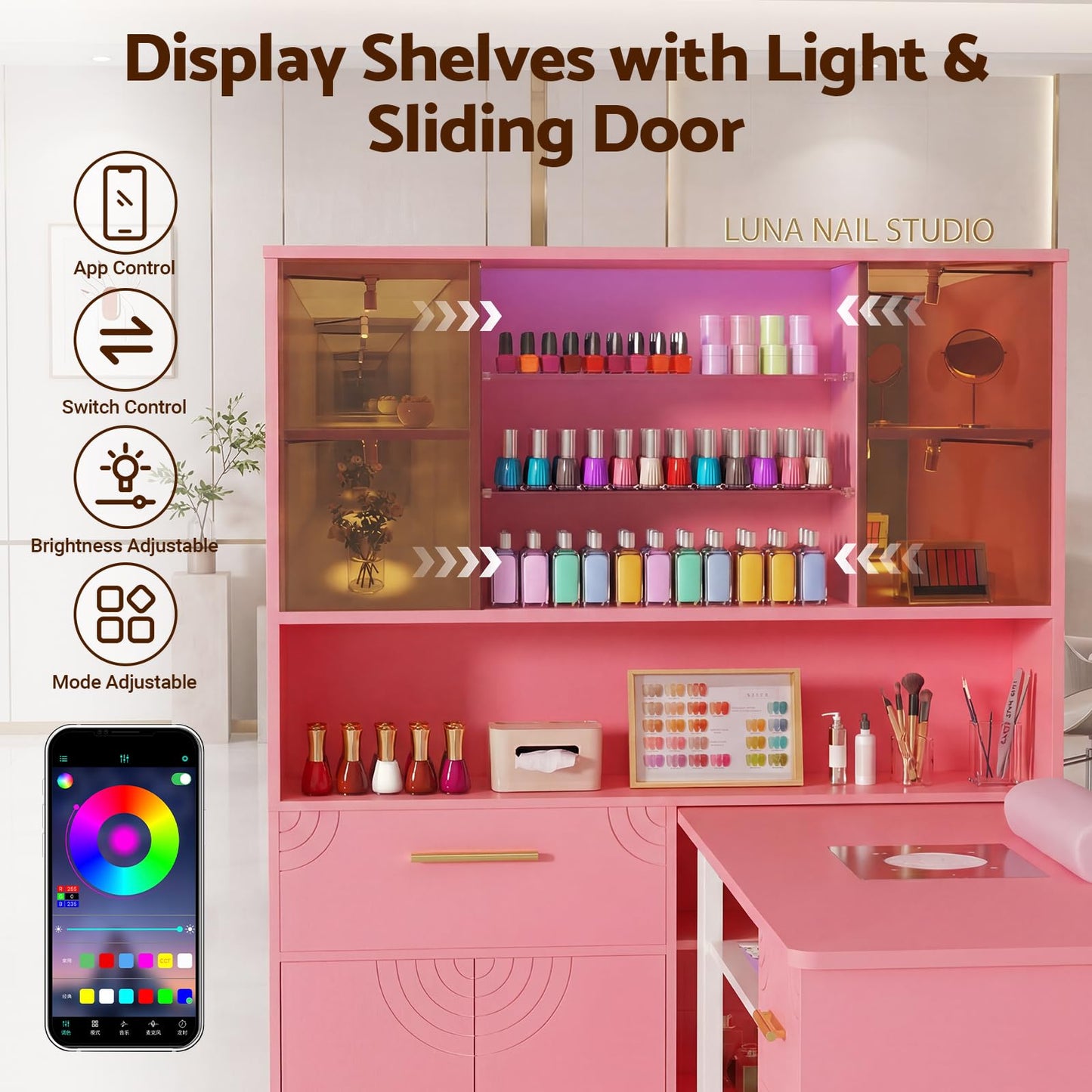 Mobile Manicure Table with Dust Collector, Double Tabletop Nail Desk for Technician, Nail Station w/Display Shelves, 3 Adjustable Layers, Drawers, Cabinets, Sliding Door & LED Light Strip, Pink