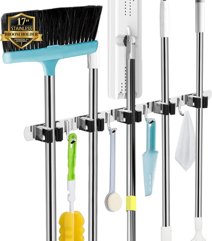 Skiennix Wall-Mounted Broom and Mop Holder - Heavy-Duty 5 Racks & 4 Hooks | Black Stainless Steel Organizer