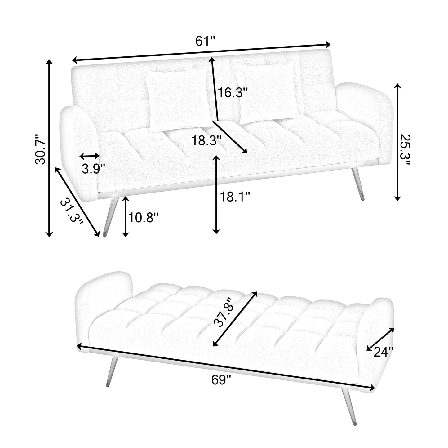 Eafurn Padded Convertible Futon Sofa Bed, Teddy Fleece Fabric Futons Loveseat Couch with Adjustable Backrest, Folding Sleeper Recliner Sofabed for Living Room Furniture