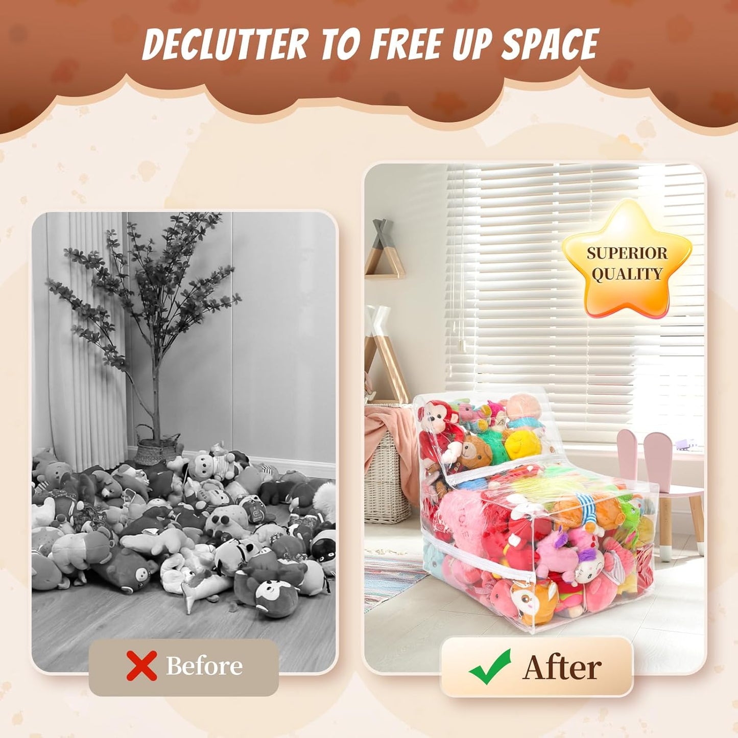 18-inch 3 Clear Bean Bag Chair for Stuffed Animals Storage Hidden Zippers Toy Organizer,Durable PVC Waterproof Material