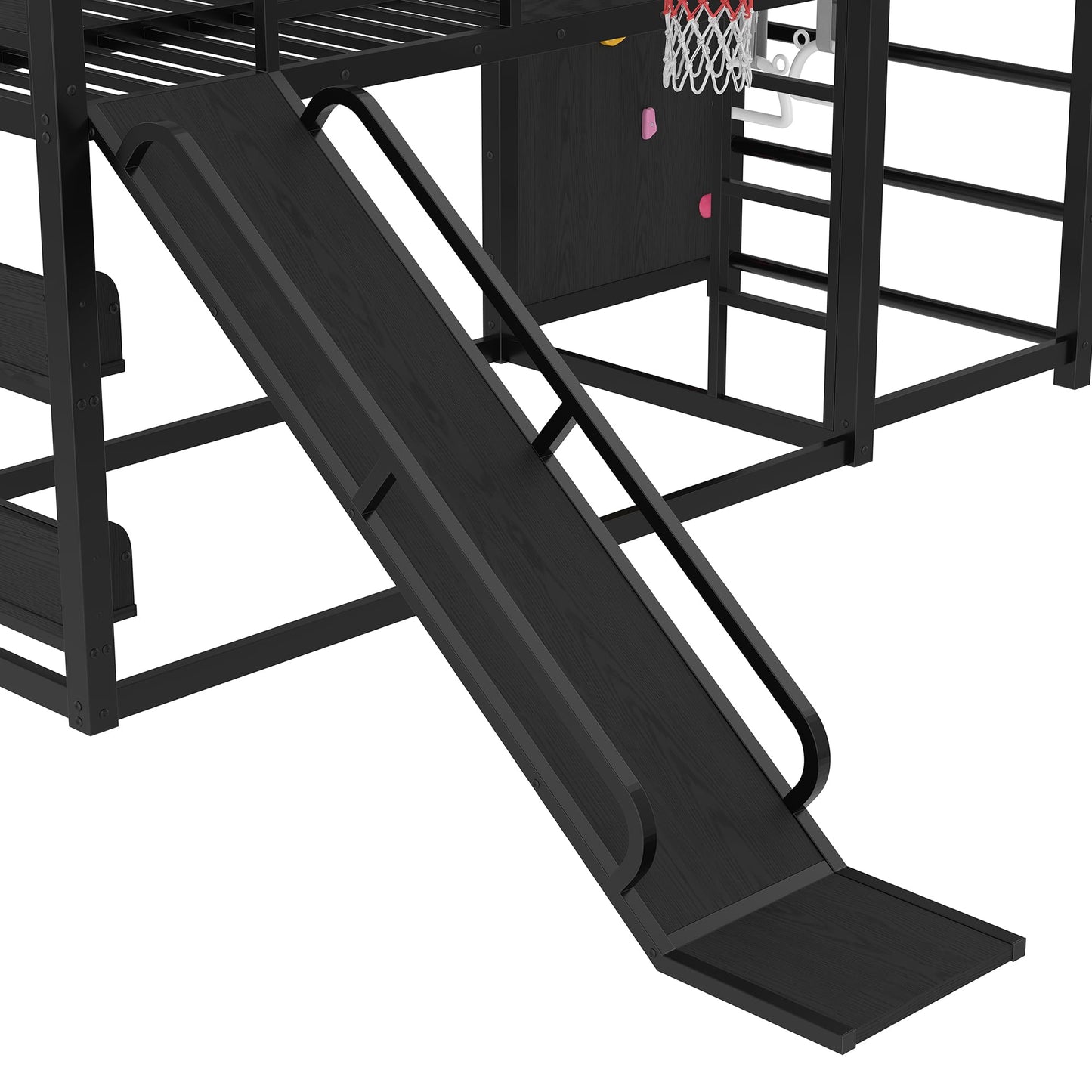 Bellemave Twin Size Bunk Bed with Basketball Hoop, Pull-up Rings and Climbing Wall, Twin Bunk Bed with Slide and Bookcase, Heavy Duty Bunk Beds with Guardrail, Black