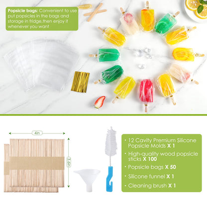 Popsicle Molds Silicone BPA-free,12 Pieces Popsicle Trays for Freezer,Homemade Ice Cream Popsicle Molds,Large Ice Pop Maker Set,Moldes Para Paletas,Ice Lolly Moulds with 100PCS Popsicle Sticks(Green)