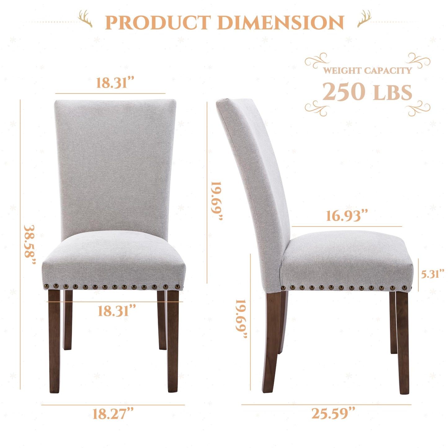 Parsons Dining Chairs Set of 4, Upholstered Nailhead Dining Room Kitchen Side Chair with Thick Cushions and Wood Legs, Light Grey