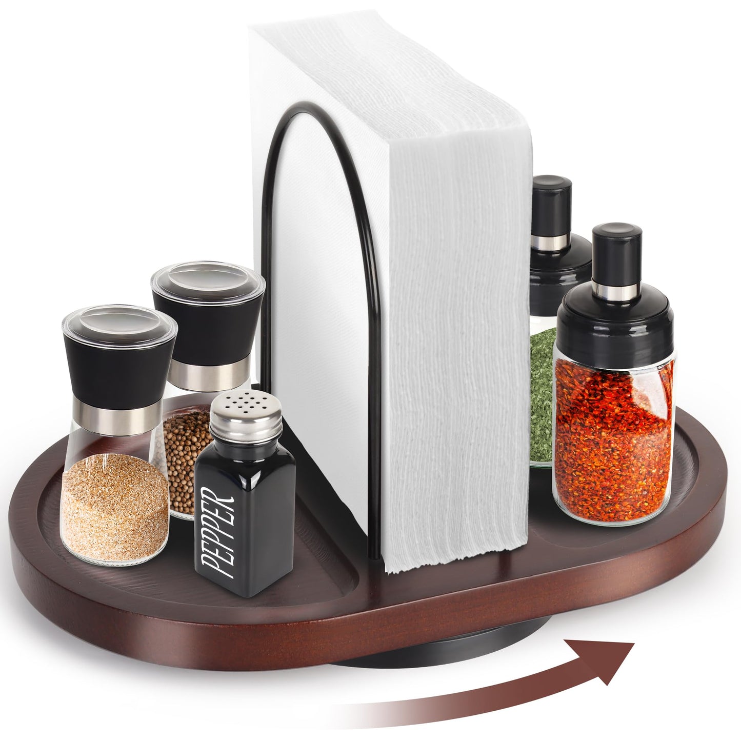 Primo Lines Rotating Napkin Holder for Table with Built-In Space for Salt and Pepper Shakers, Wooden Metal Caddy Rustic Table Organizer with 360 Degree Spin for Kitchen Decor and Accessories (Walnut)