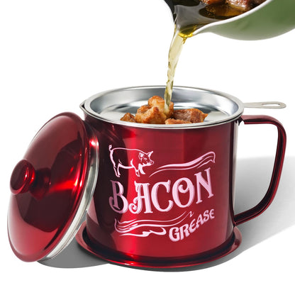 QMET 1.3L Bacon Grease Saver Container with Fine Mesh Strainer,Stainless Steel Oil Keeper Can for Bacon,46oz Large Rustic Farmhouse Fat Container, Keeper, Recipes, Dishwasher Safe (Red)