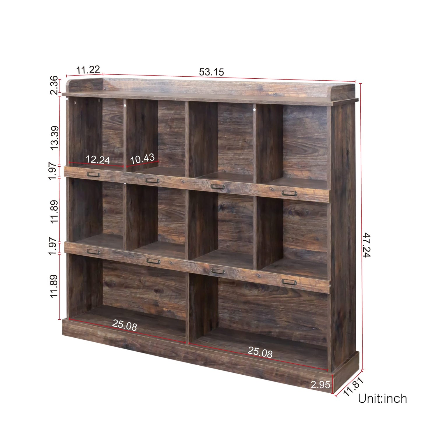 Storage Bookcase, 53" Wooden Bookshelf Bookcase with 10-Cube Compartments, Mid-Century Modern 3-Tier Freestanding Open Storage Organizer Display Cabinet for Living Room, Office, Bedroom, Espresso