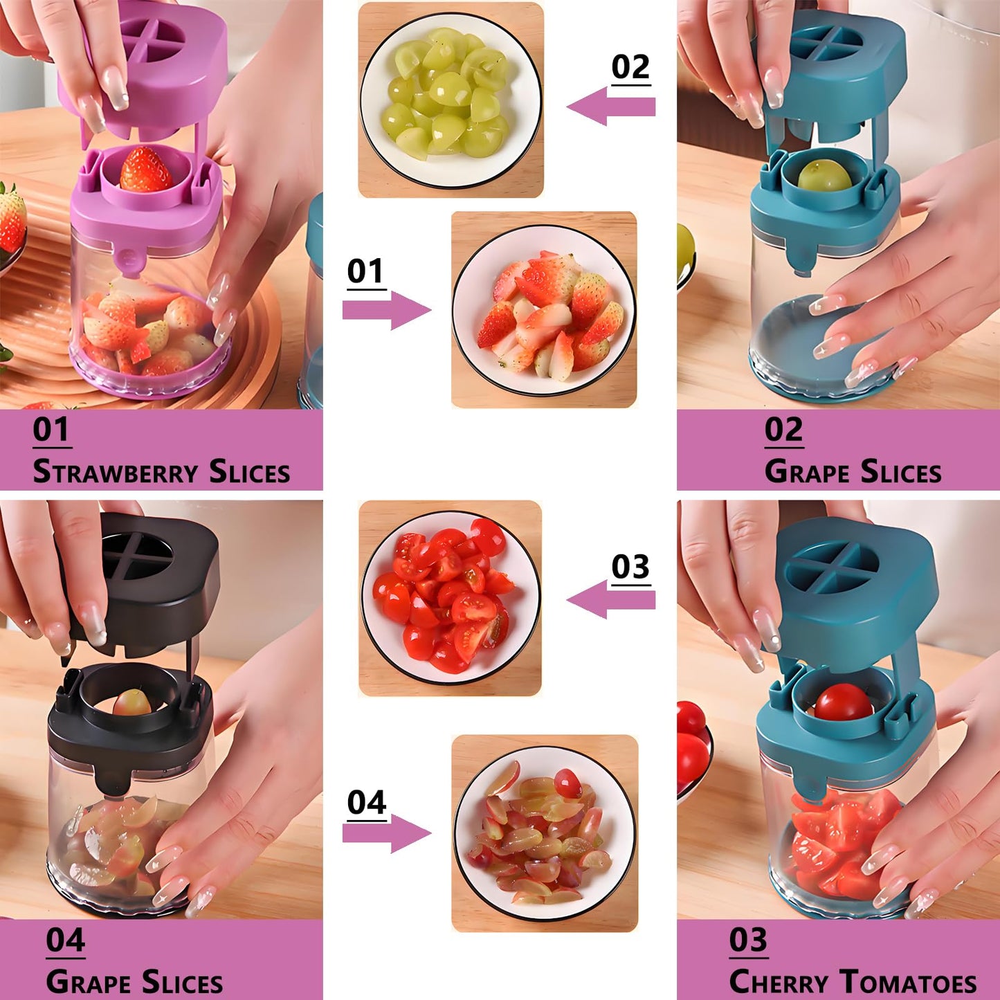 Kesttenn New Grape Cutter for Toddlers, Cutter Quarter Slicer Tool Into 4 Pieces for Slicing Grapes, Strawberries, Cherry, Tomatoes (Pink)
