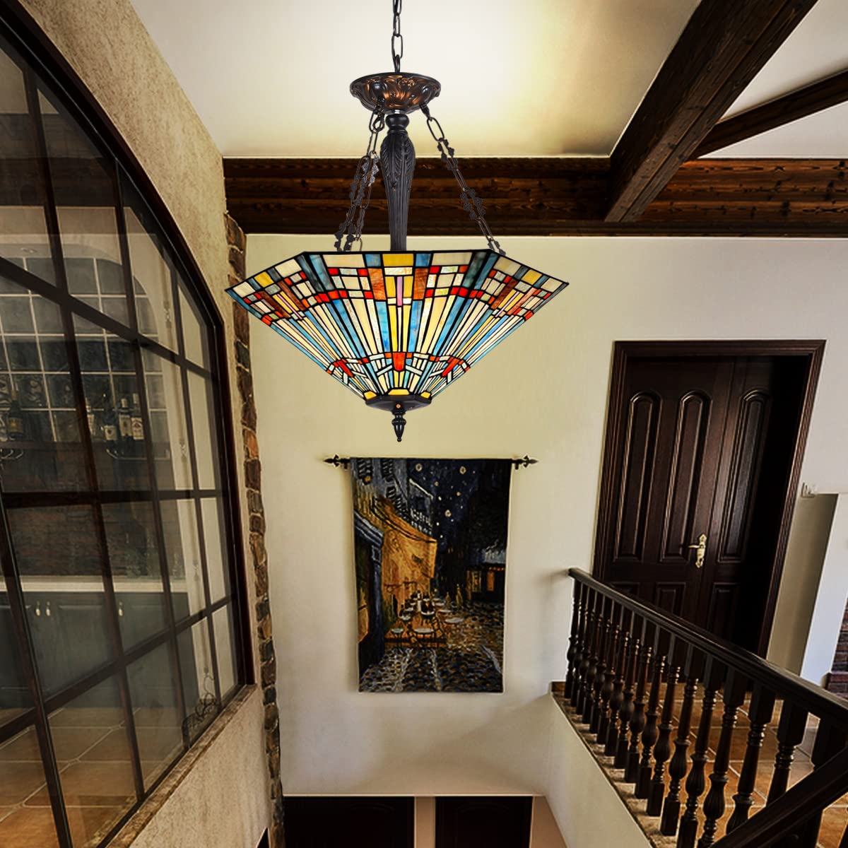 COTOSS Tiffany Pendant Light Fixtures,22" Wide Stained Glass Inverted Ceiling Pendant for Dining Room,Antique Style 3 Lights Hanging Lamp for Living Room Kitchen Entryway