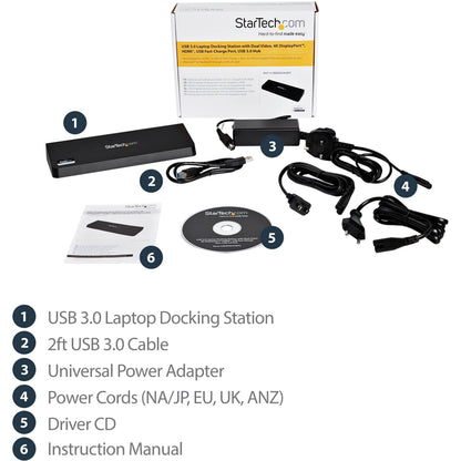 StarTech.com USB 3.0 Docking Station - 4K - HDMI / DisplayPort - with Fast Charge / Ethernet / Audio - Universal Docking Station