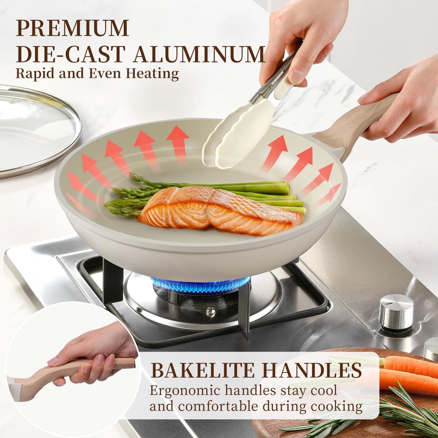 Kikcoin 16Pcs Ceramic Pots and Pans Set Non Stick, Includes a 9.5" Grill Pan, Induction Kitchen Cookware Sets, White Nonstick RV Kitchen Camping Cooking Sets Stackable (PTFE, PFOS, PFOA Free)