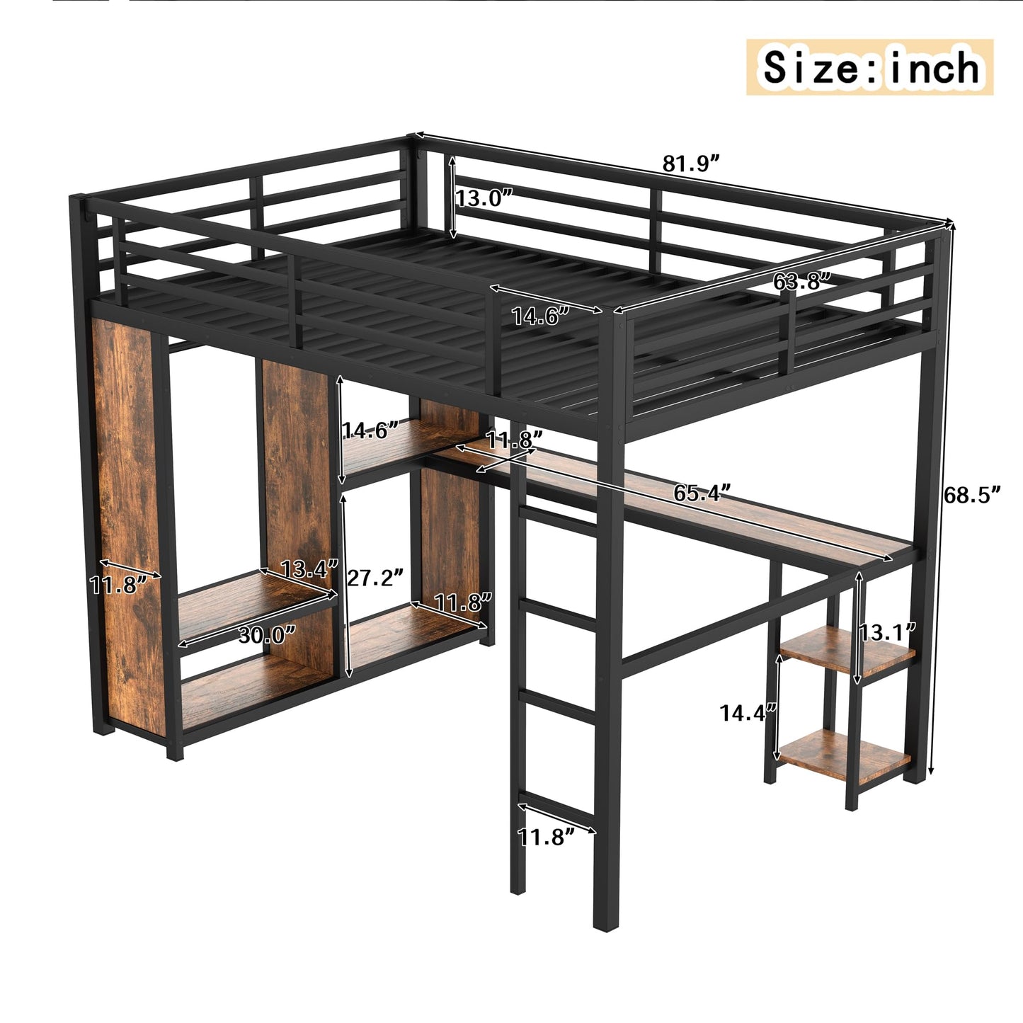 Bellemave Queen Size Loft Bed with Desk and Storage Shelves, Queen Loft Bed with Wardrobe and Hanging Rod, Game Loft Beds with Guardrail, Heavy Duty Loft Beds for Adults, Teens, Black Woodgrain