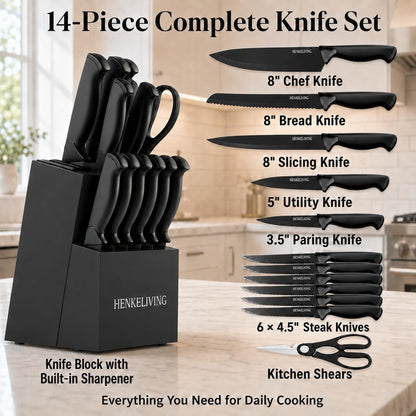 HENKELIVING Knife Set, 14-Piece Black Dishwasher Safe Kitchen Knife Block Set with Built-In Sharpener, German High Carbon Stainless Steel Blades, Ultra Sharp Knives with Ergonomic Non-Slip Handles