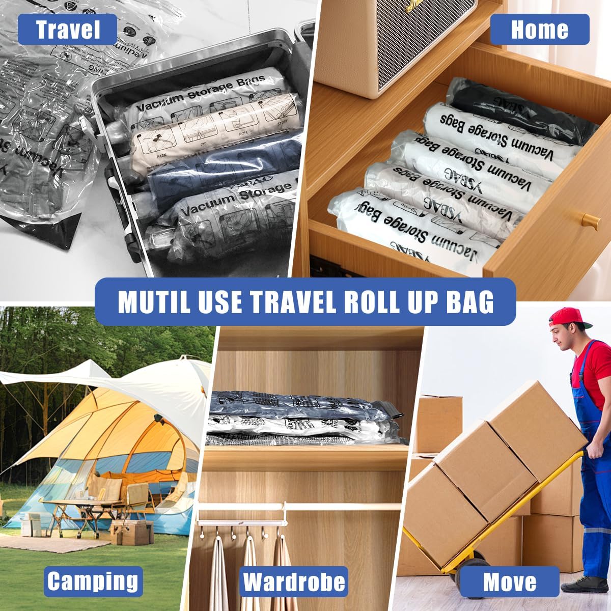 Seal Bags for Clothing- Roll Up Compression Storage Bags, Space Saver Shrink Organisers for Travel Luggage Clothes Blankets Comforters (6 Small)