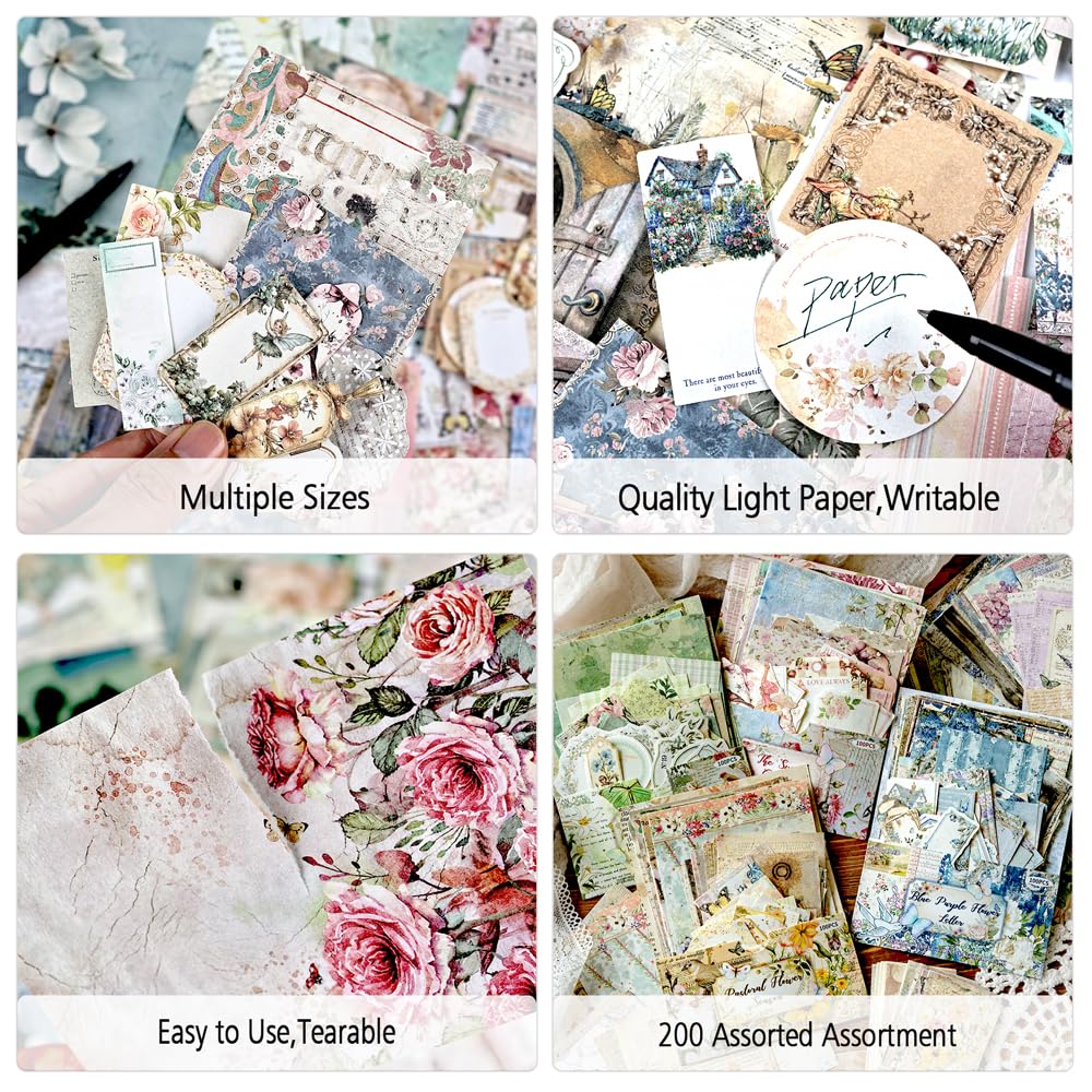 Diuhofart 400Pcs Vintage Scrapbook Supplies Kit, Scrapbook Paper and Journaling Stickers Set, 4Pack Scrap Booking Kit for Junk Journals, Bujo, Collage, Card Making, DIY Crafts Arts