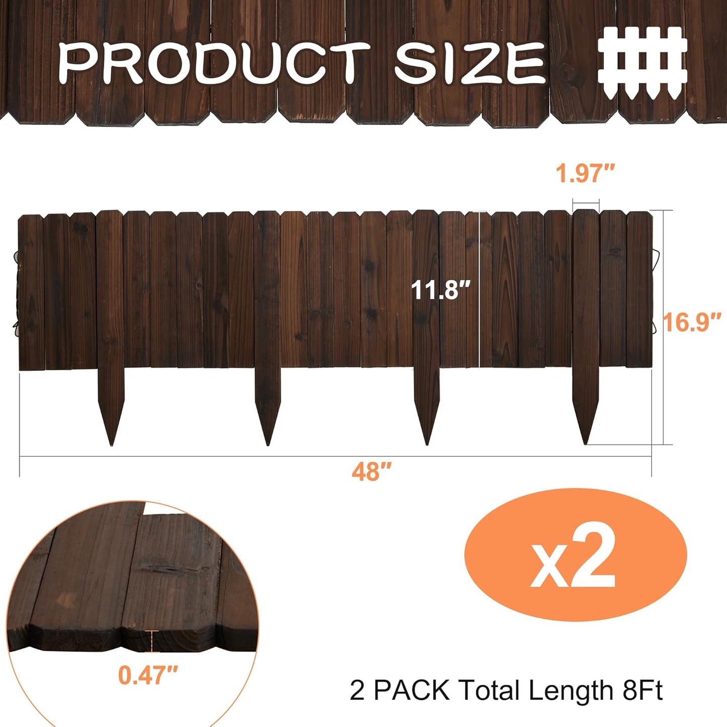 Wooden Garden Fence Decorative Landscape Edging, 11.8'' H x 48'' L Planting Tree Border for Yard Patio Path (1 PACK)