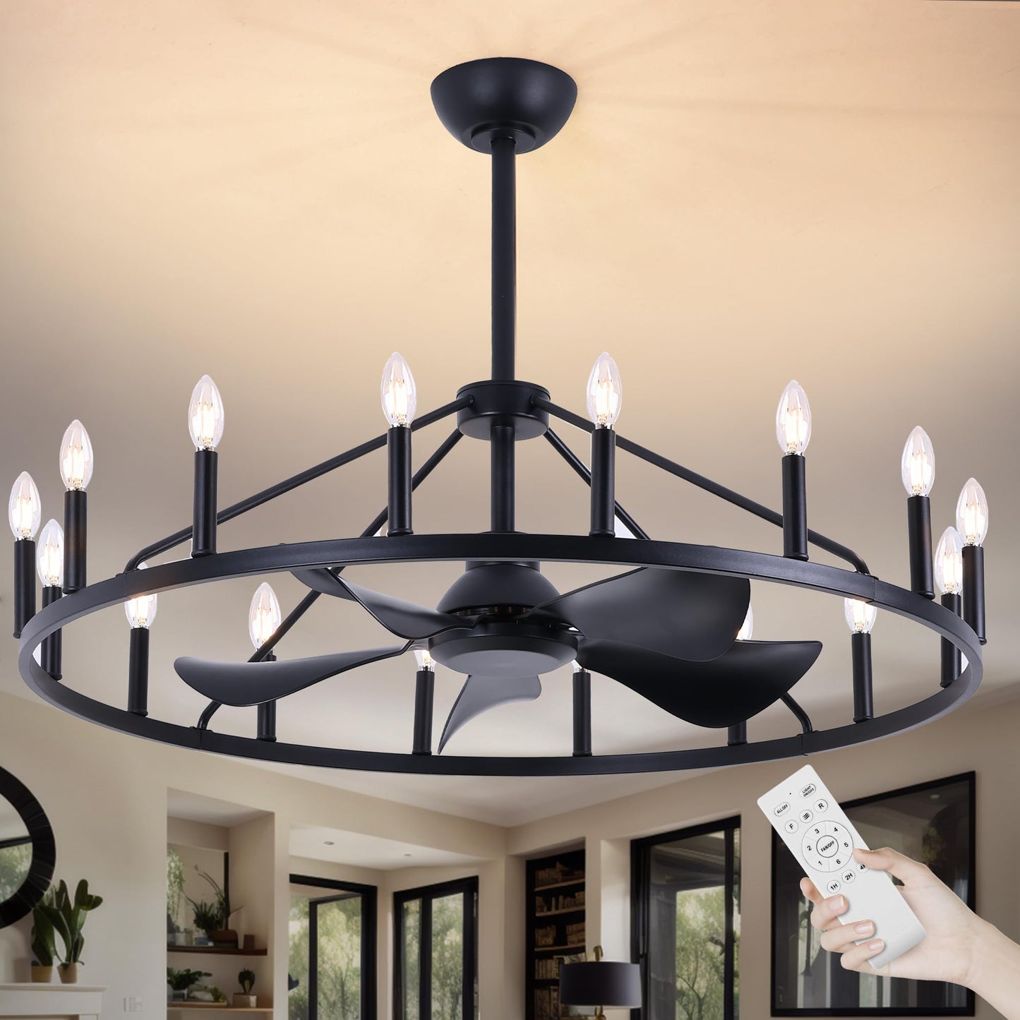 COCOSTAR 44" Black Wagon Wheel Chandelier Farmhouse Ceiling Fan with Light and Remote,16-Lights Large Fandelier with Candle,Rustic Big Light Fixture for Living Room Kichen Dining Room
