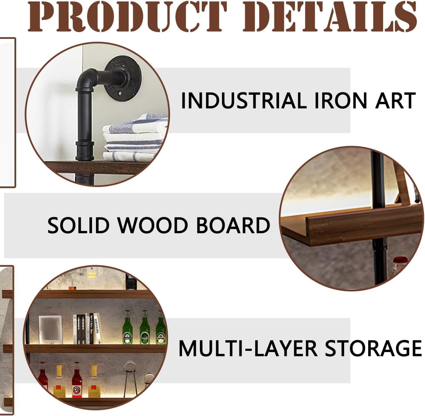 Dawselod 55.1in Large Wine Rack with LED Light Solid Wood Wall Mounted Wine Rack, 3-Tiers Liquor Bottles Floating Shelves Display Storage Organizer for Home Bar & Dining Room (140cm/55.1in)