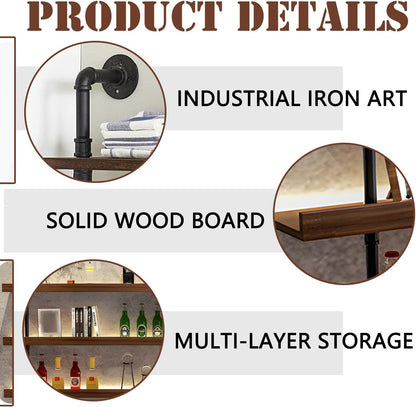 Dawselod 55.1in Large Wine Rack with LED Light Solid Wood Wall Mounted Wine Rack, 3-Tiers Liquor Bottles Floating Shelves Display Storage Organizer for Home Bar & Dining Room (140cm/55.1in)