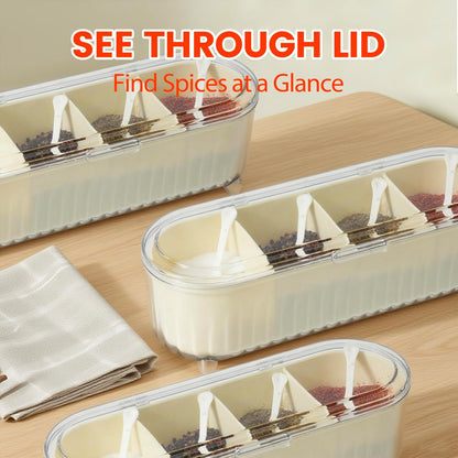 Tremeals 4 Set Countertop Clear Seasoning Box with Compartments - Spice Organizer with Lids and Spoons - Condiment