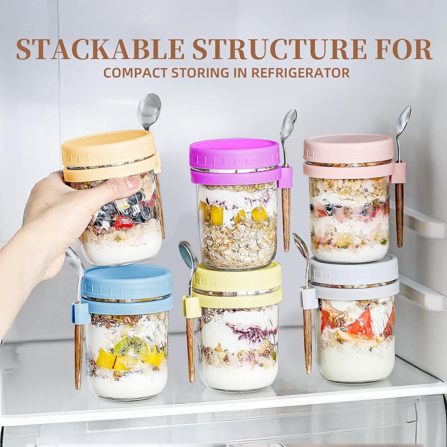 AsstarJTK 6 Pack 16 Oz Overnight Oats Containers with Lids and Spoons - Glass Mason Jars for Overnight Oats Airtight