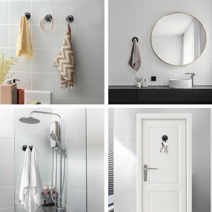 Suction Cup Hooks for Bathroom Kitchen, 2 Pack Stainless Steel Suction Hooks for Shower No Drilling Damage Free Towel Hook Holders Reusable Removable for Hanging Towels, Loofah, Robe, Coat(Black)