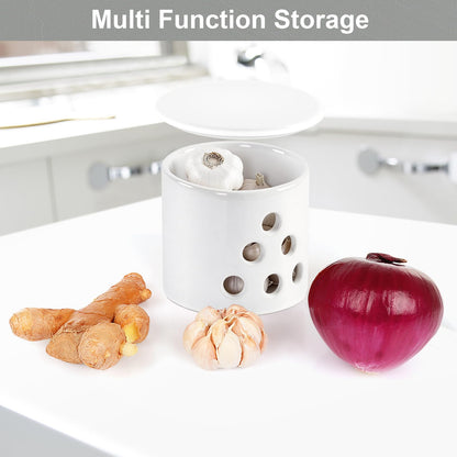LEEPENK Garlic Keeper,Vented Clay Garlic Storage Container Saver with Lid and 12 Air Vent,Reserve for Garlic, Onion, Lemon, Patato or Ginger (White Glazed)