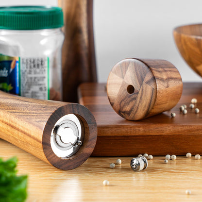 Pepper Grinder,Wood Salt and Pepper Grinder Mills Sets, Acacia Wood Manual Salt Grinder Refillable Pepper Mill Sets with Adjustable Ceramic Grinding Rotor - 8 Inch-Set of 2