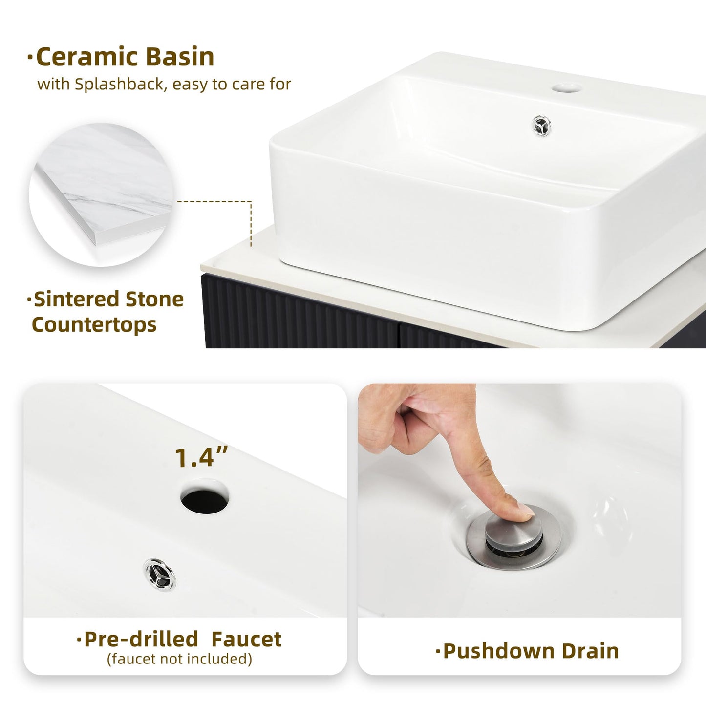 DWVO Bathroom Vanity 24 Inch with Counter Top Sink Combo, Modern Bathroom Storage Vanity Cabinet Set Included 2 Large Soft Closing Doors, Drain, Gold Handles & Legs, Black