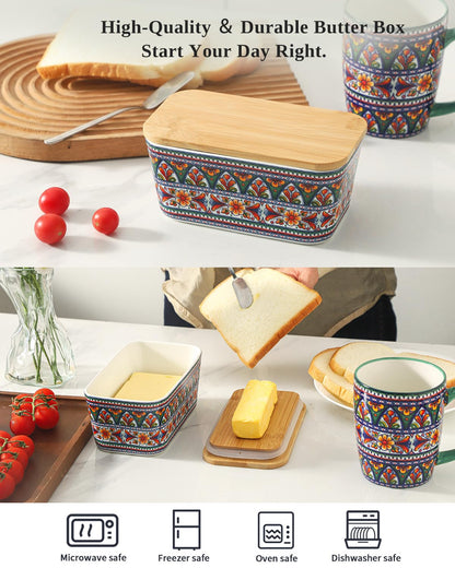 JINGUS Butter Dish - Large Ceramic Bohemian Butter Dish with Lid for Countertop, Airtight Butter Container Holder Keeper Box Storage with Bamboo Cover and Silicone Ring for East West Coast