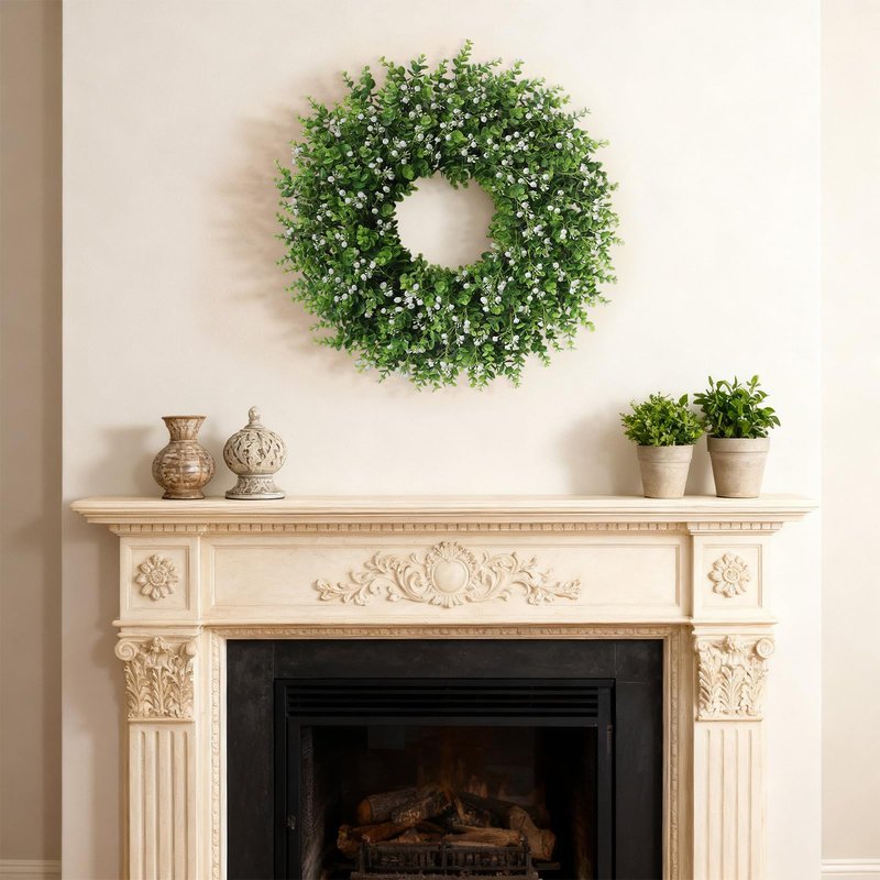 26" Artificial Eucalyptus Wreath with Baby's Breath for Front Door - Faux Eucalyptus Leaves, Fake Spring/Summer Greenery Flowers Wreath for Porch, Farmhouse, Wall, Window Outdoor Decor(White-Green)