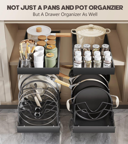 Lozovin Pull Out Pots and Pans Organizer Under Cabinet, Sliding Lid Holder and Pan Rack in Kitchen, Slide Out Inside Cabinet Storage for Pot Lid, Bakeware, Dishes, 8 Adjustable Dividers, 2 Pack Black