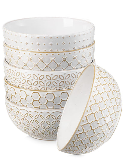 DOWAN Soup Bowls Set of 6, 26 OZ Cereal Bowls for Kitchen, 6" Ceramic Embossment Bowl for Salad, Pho, Fruits, Rice, Large Bowls Decor & Housewarming Gift, Dishwasher & Microwave Safe