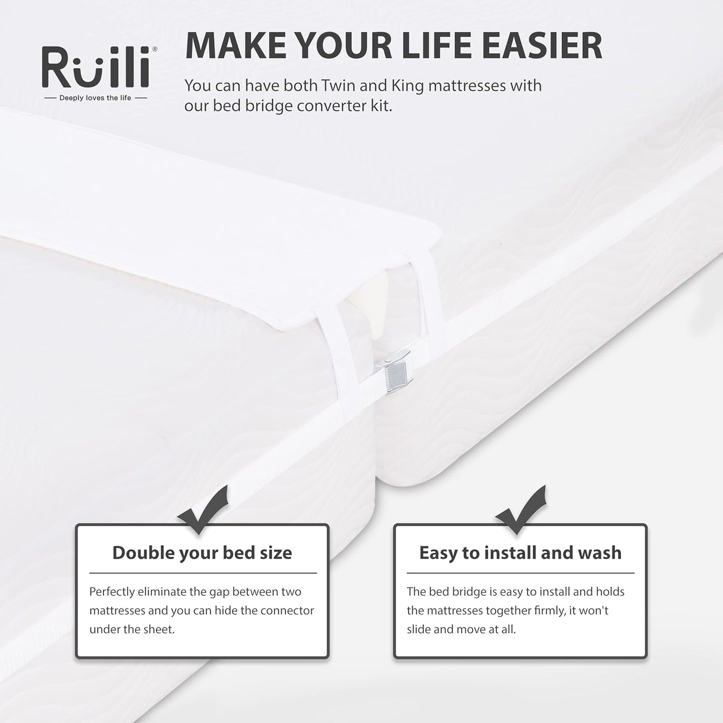 Ruili Bed Bridge Twin to King Converter Kit, Adjustable Comfortable Bed Connector with Strap and Storage Bag