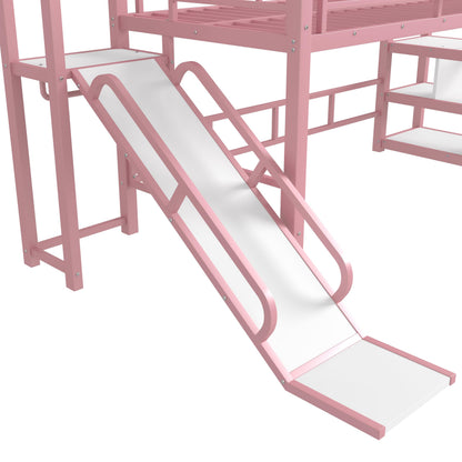 Bellemave Twin Size Metal House Loft Bed with Slide and Stairs,Heavy Duty Playhouse Loft Bed Frame with Storage Shelves for Kids,Teens,Adults,Pink