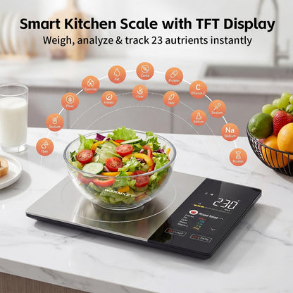 WARMKEY TFT Dual Display Smart Nutrition Scale with App, Tracks Calories, Fat, Carbs & Protein, 1g Precision, 5kg/11lb, 50 Foods 24 Nutrients, for Meal Prep, Keto & Healthy Diet