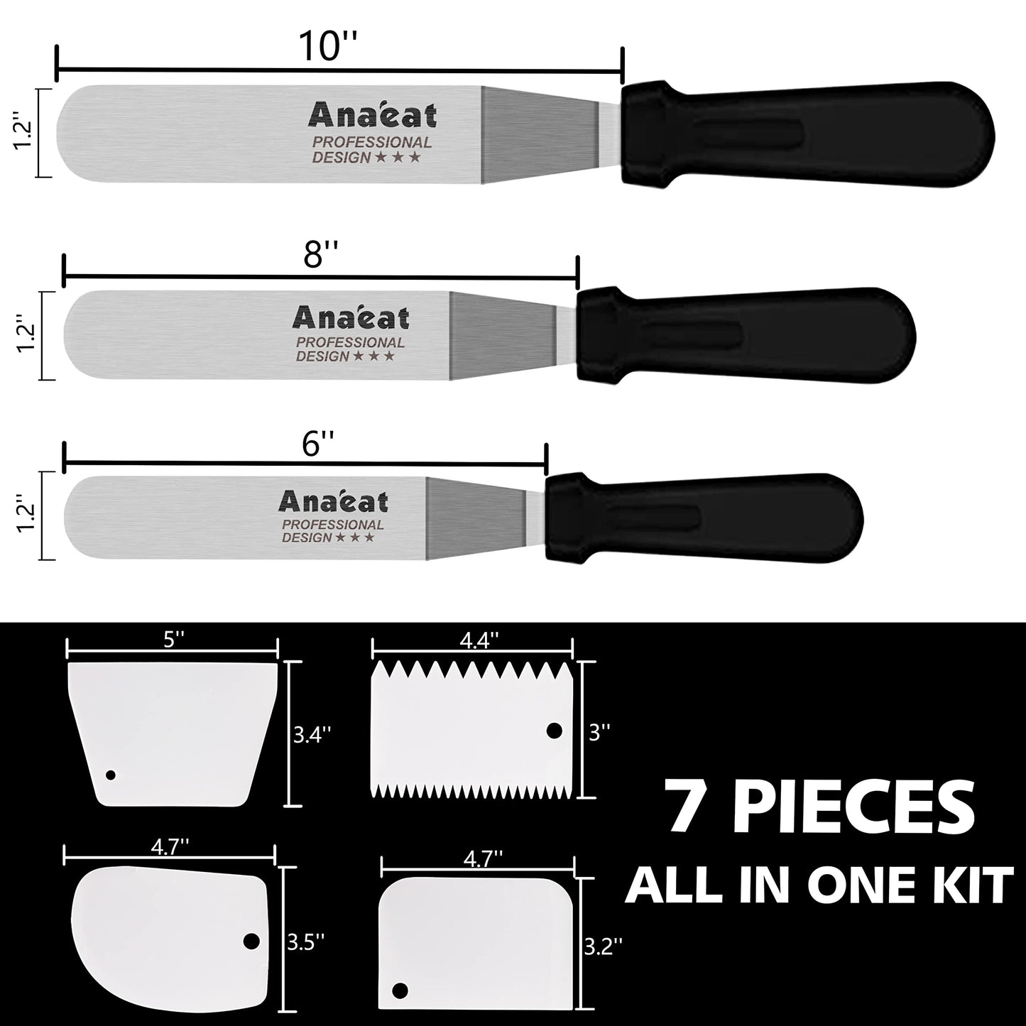 Anaeat Icing Spatula, 3 Pieces Professional Angled Offset Frosting Spatulas with 6", 8", 10" Stainless Steel Blades & 4 Pack Cake Smoother Scraper for Cake Decorating, Baking & Pastry (Set of 7)