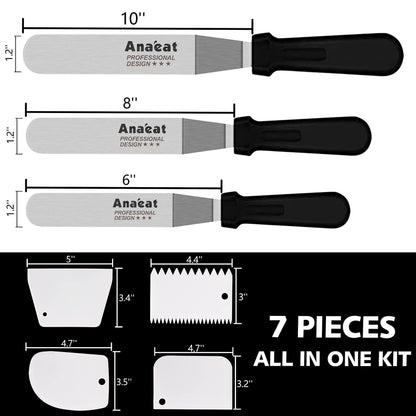 Anaeat Icing Spatula, 3 Pieces Professional Angled Offset Frosting Spatulas with 6", 8", 10" Stainless Steel Blades & 4 Pack Cake Smoother Scraper for Cake Decorating, Baking & Pastry (Set of 7)