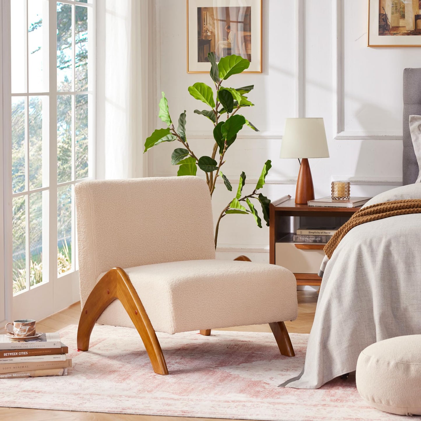 MILCIL Oversized Accent Chair, upholstered armless mid Century Modern Living Room Chair with Wooden Legs for Bedroom/Office/Cafe, Sherpa Beige