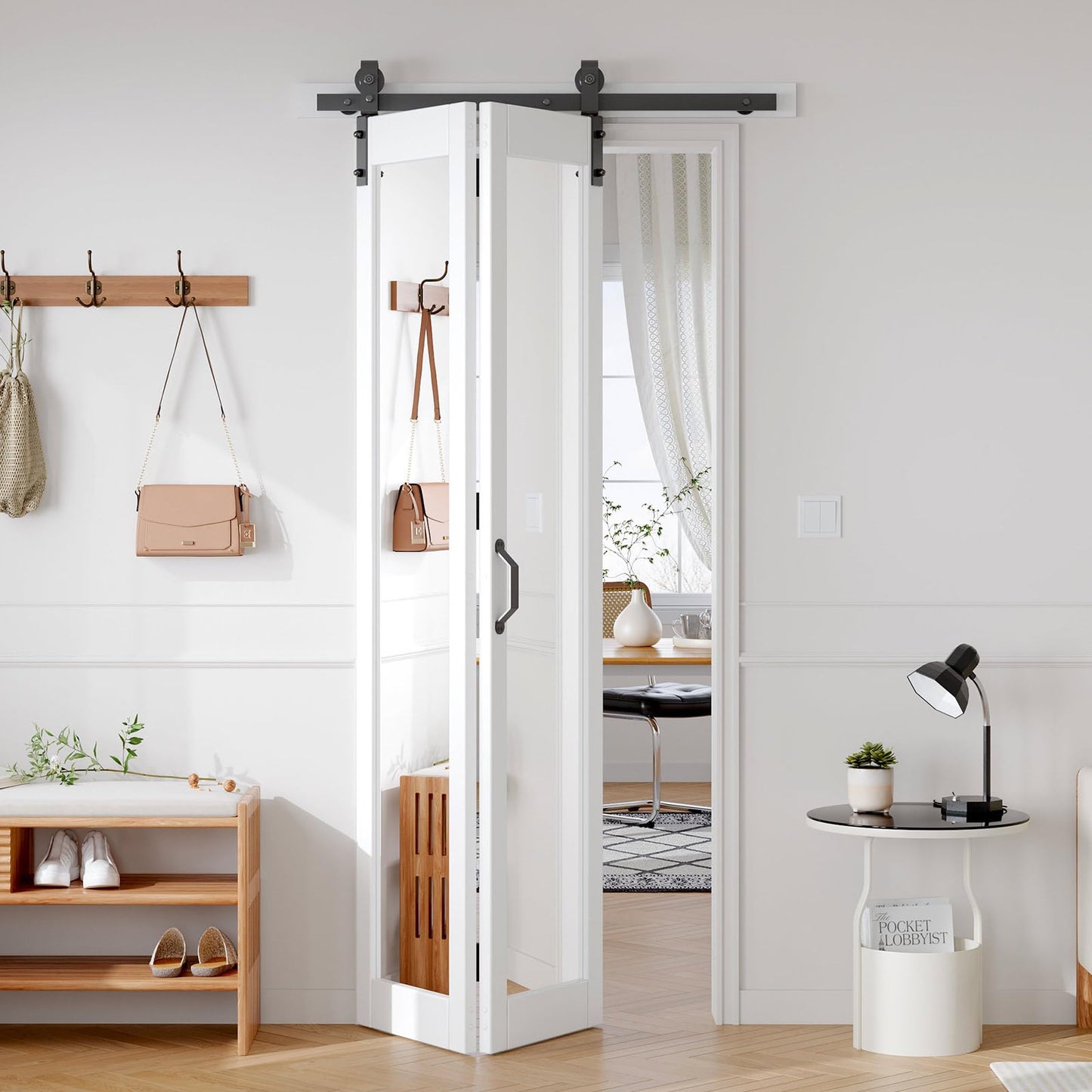 FREDBECK Bifold Barn Door 36x84 (Double 18x84) Hardware Kit Included,40" Track for 2 Doors, PVC, White,for Living Room, Bathrooms, Kicthen