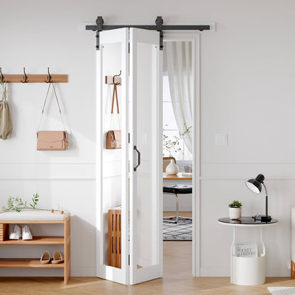 FREDBECK Bifold Barn Door 36x84 (Double 18x84) Hardware Kit Included,40" Track for 2 Doors, PVC, White,for Living Room, Bathrooms, Kicthen