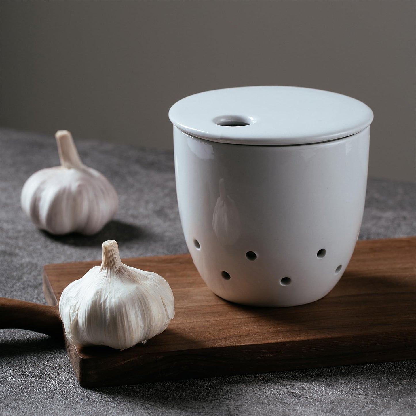 ABESTWARE Garlic Keeper with Lid, Garlic Holder with Ginger Grater, Ceramic Garlic Keeper, Modern Kitchen Countertop Organizer