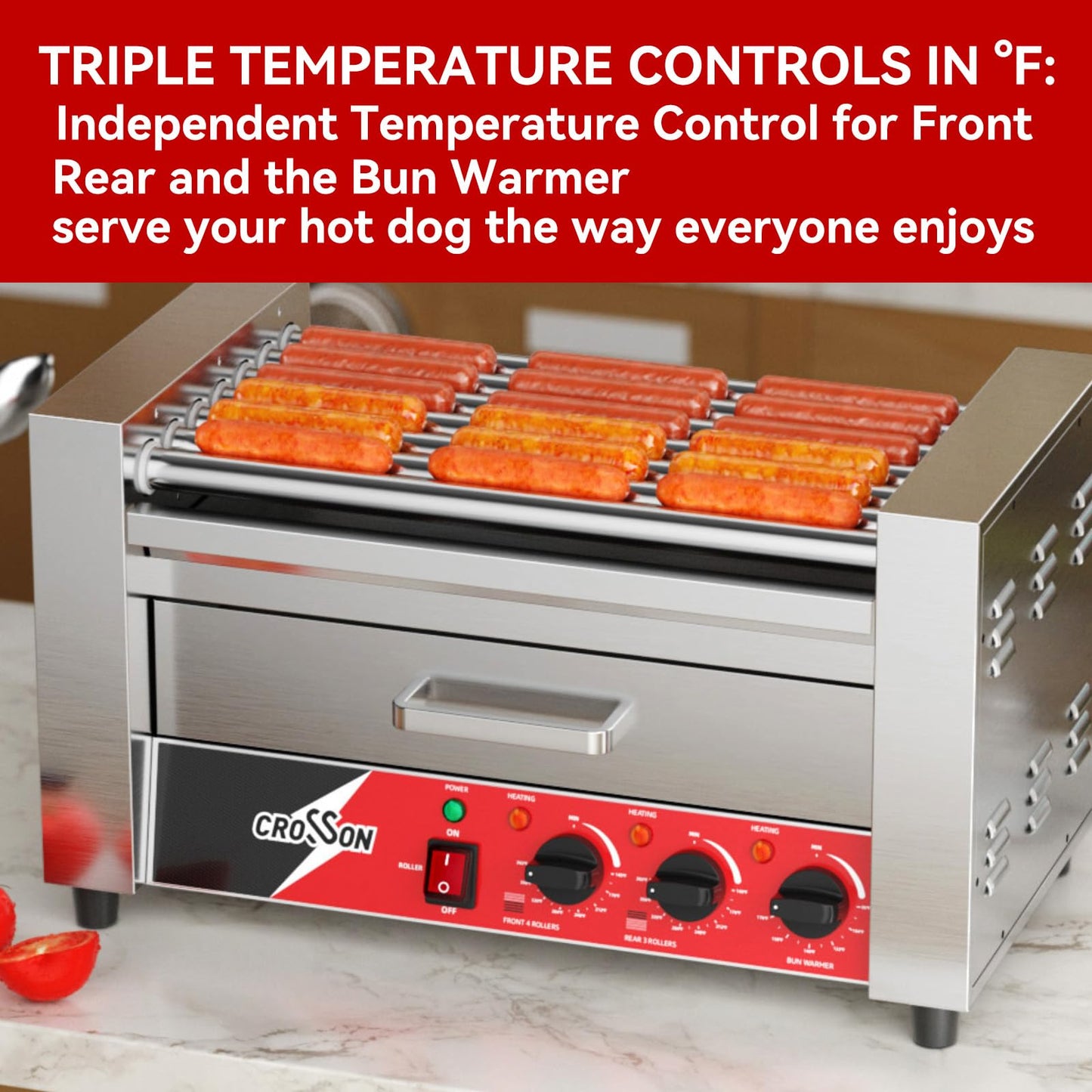 CROSSON Hot Dog 7 Roller with Bun Warmer,Commercial 7 Nonstick 304 Roller Grill Cooker Machine-120V, 1350W