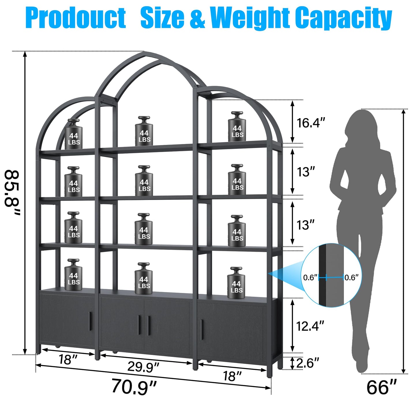 kepptory Tall Arched Bookshelf and Bookcase with 3 Cabinets, Triple Wide 5 Tier Industrial Etagere Open Bookshelf, Wood Book Shelf for Bedroom Living Room (Dark Black)