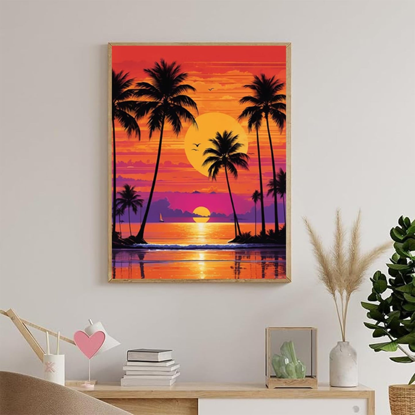 PUAGEMTI Palm Tree Sunset Diamond Painting,Summer Beach Sunset 5D Diamond Art Painting Kits Home Wall Decor for Adults Beginners DIY Full Drill 12x16 Inch